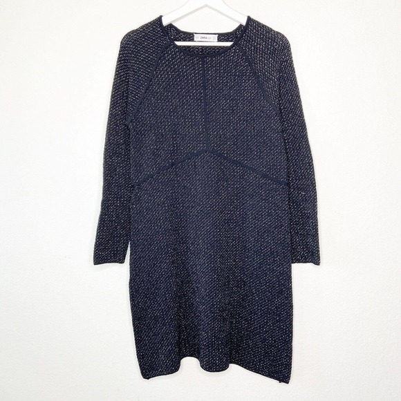 Zara Black Metallic Silver Knit Tweed Long Sleeved Dress Sz S - Picture 2 of 10